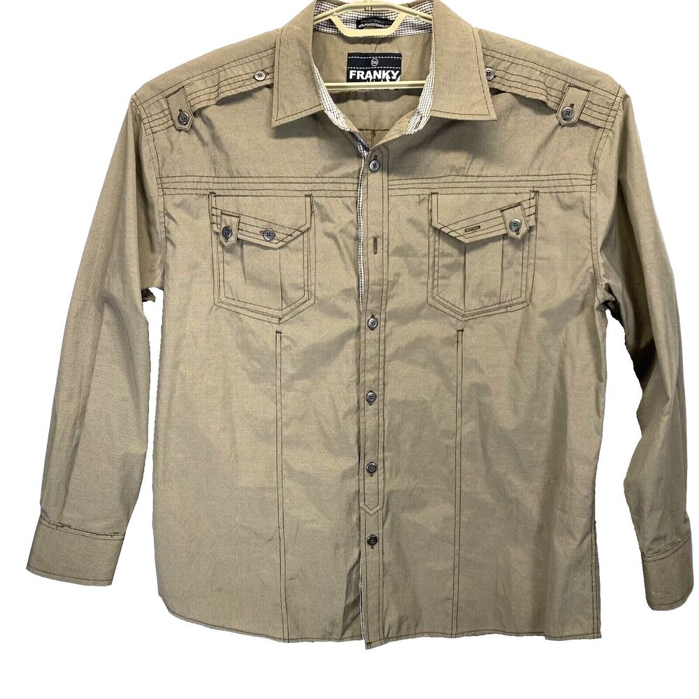 Franky Max Men's Size 2XL Long Sleeve Shirt 100% Cotton Brown Check Flip Cuff